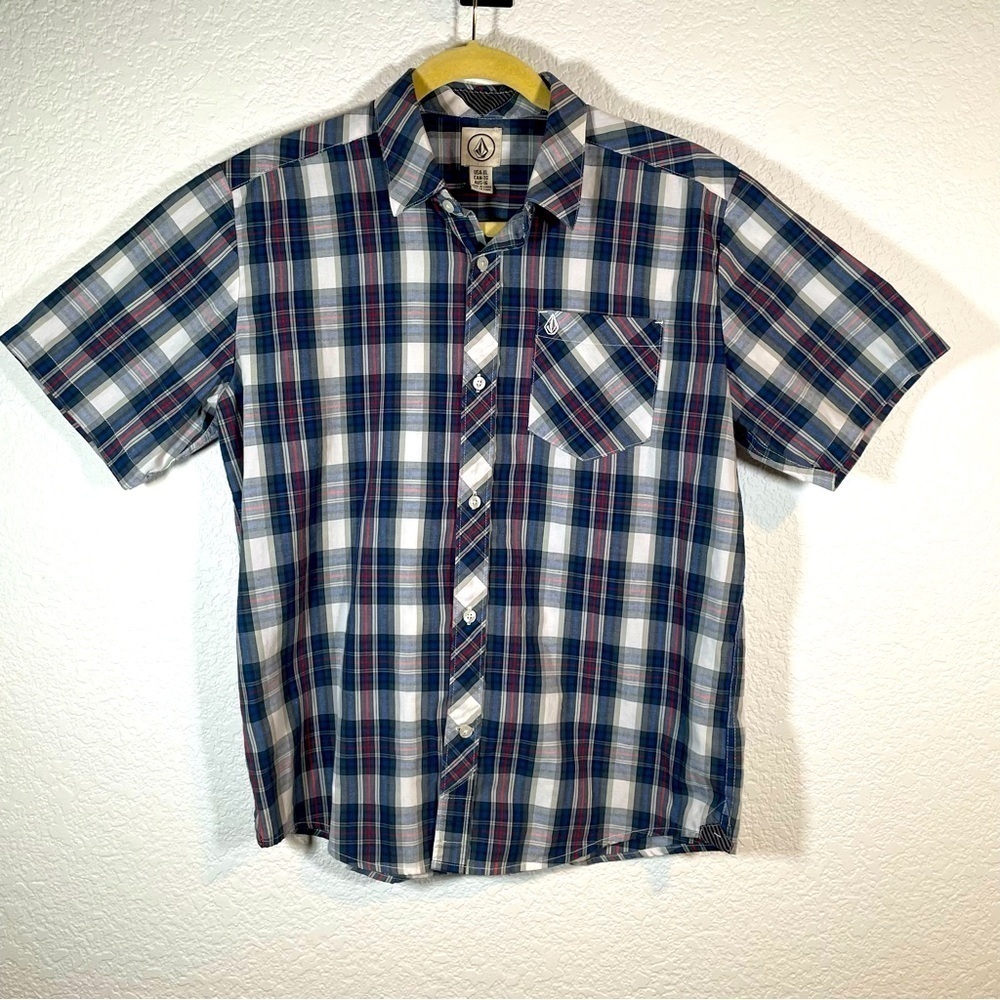 Volcom Boys Shirt Button Down Plaid Black Red and White Casual Kids Size XL